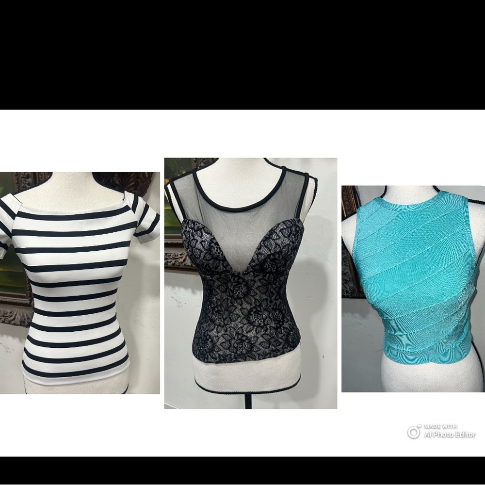 Guess Black and White Striped, Black Lace, and Teal Tops + 2 top blouses more